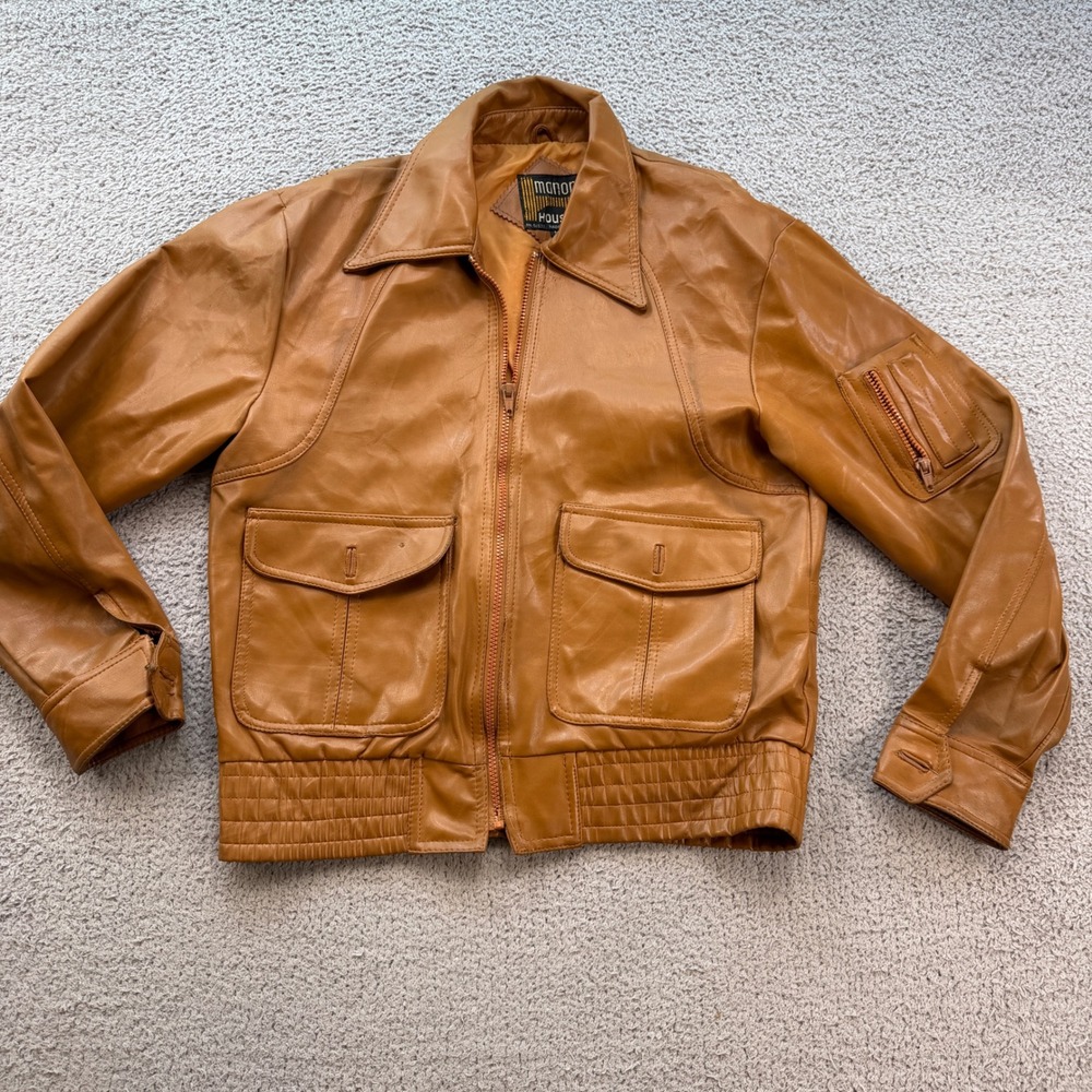 Vintage Manor House Tan Faux Leather Bomber Jacket Womens Medium 70s Retro 6183